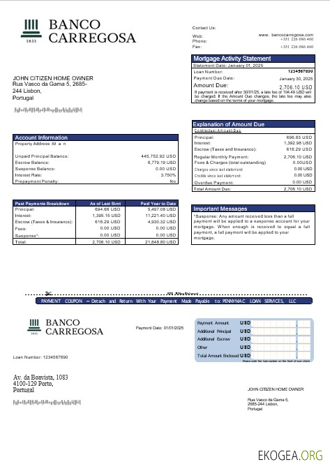 Portugal Relevé hypothécaire de Banco Carregosa aux formats Word et PDF